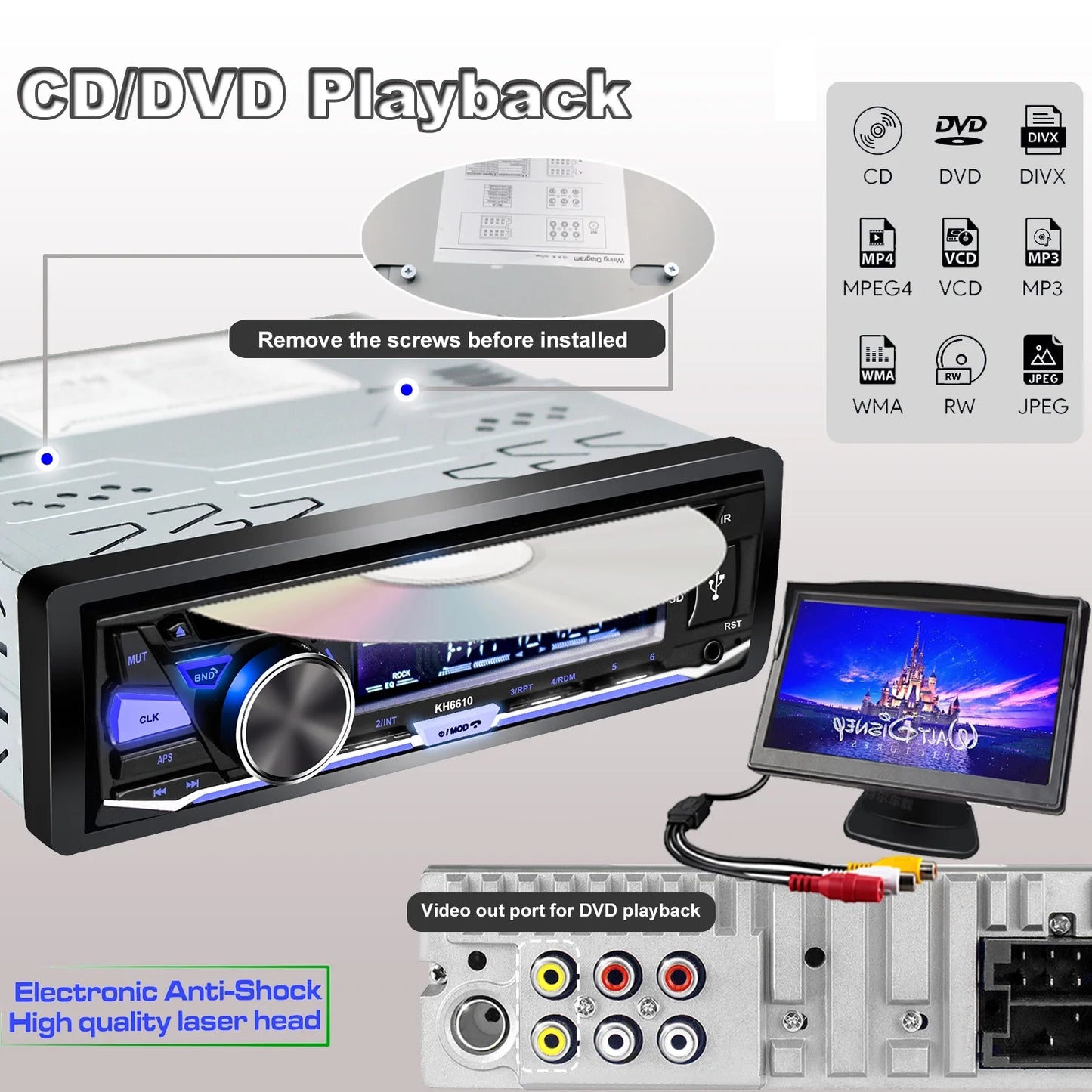 Single 1 DIN Car Stereo with CD/DVD Player, Bluetooth, USB, Aux,