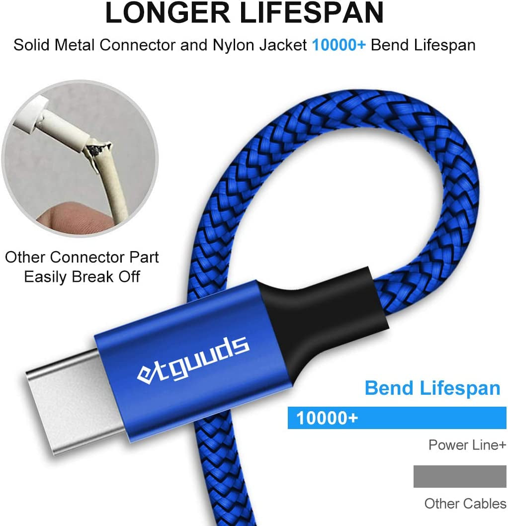 Extra Long USB C Cable [15Ft, 2-Pack], Fast Charge 15 Feet Super Durable Nylon Braided USB-C Charging Cord - Blue